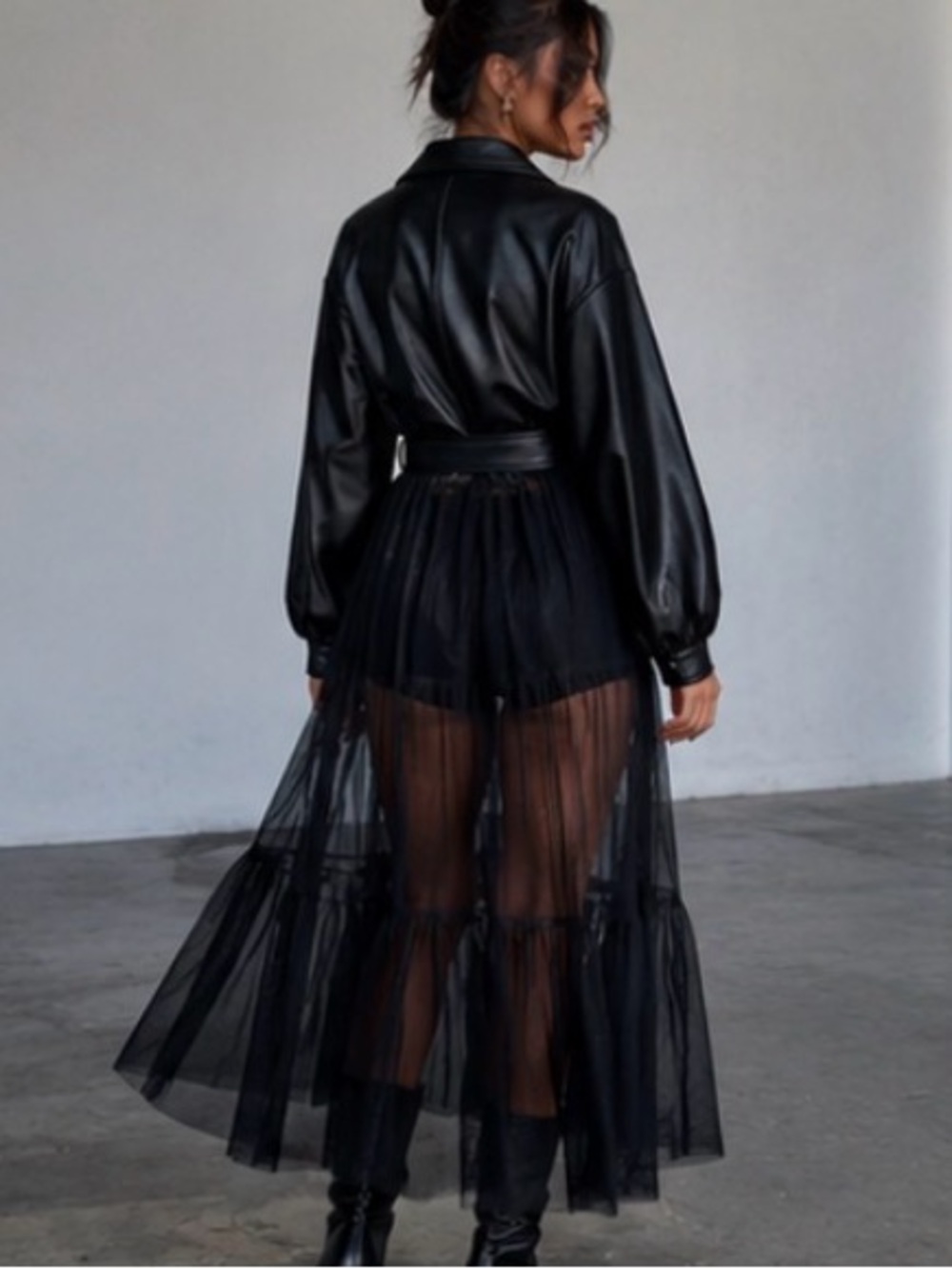 AKIRA Faux Leather & Sheer Chiffon Trench Coat Dress Black Sz S Edgy Gothic - Picture 3 of 12